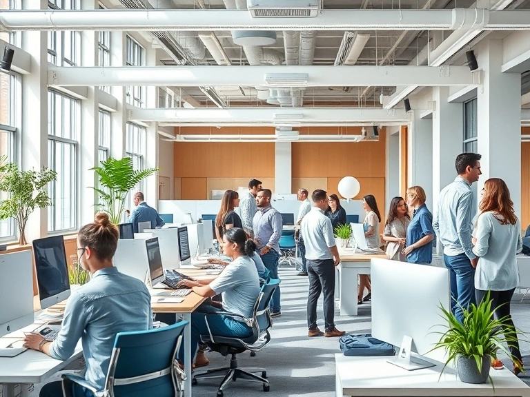 Diverse team collaborating in a modern open office environment.