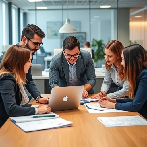 Audit team using AuditPal AI for efficient planning, with digital screens displaying audit objectives and scope.