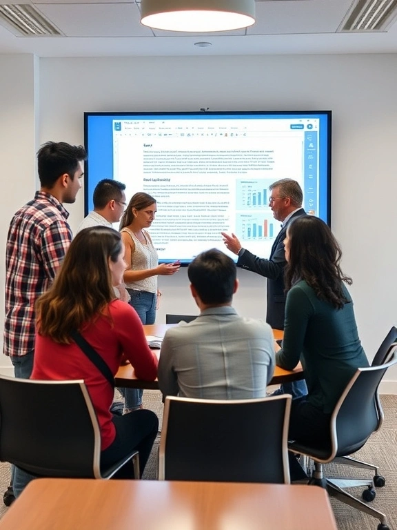 Diverse team collaborating around a large touchscreen display with project management software