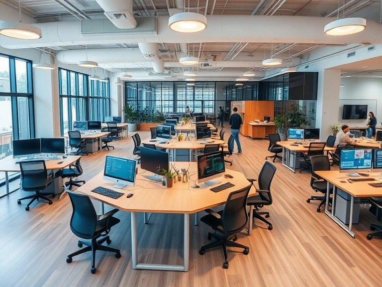 Panoramic view of a modern, tech-forward open office with diverse work areas