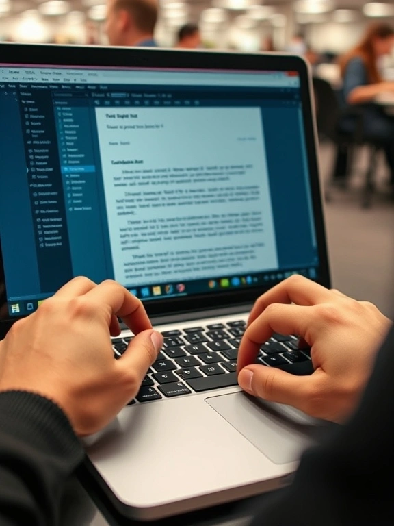 Hands typing on keyboard with data analytics displayed on screen